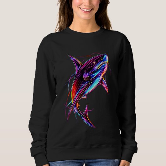 Vibrant Neon Shark Modern Digital Ocean Trui (Voorkant)