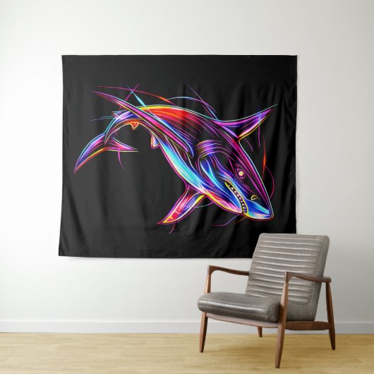 Vibrant Neon Shark Modern Digital Ocean Wandkleed (In Situ (horizontaal))