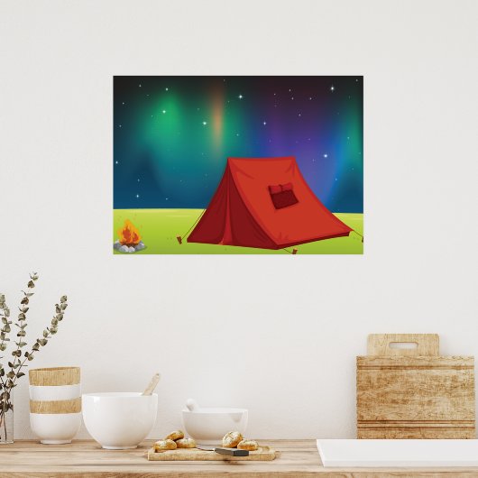 Vibrant Northern Lights Camping Tent Night Poster (Keuken)