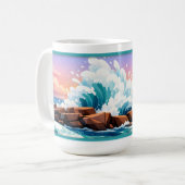 Vibrant Ocean Wave Crashing on Rocky Shore Koffiemok (Voorkant links)