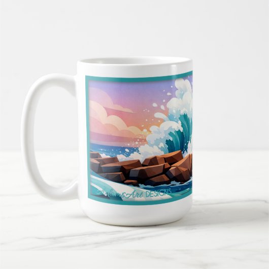 Vibrant Ocean Wave Crashing on Rocky Shore Koffiemok (Links)