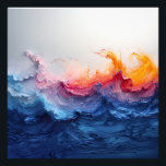 Vibrant Ocean Wave Resin Surge Glow Foto Afdruk<br><div class="desc">Powerful blue waves surge and crash in vivid resin pours, blending deep sapphire, electric turquoise, and cyan into towering crests. Explosive coral, hot pink, magenta, and fiery orange bursts rise from the peaks like sunset flames or molten light, while soft white foam and subtle gold-copper metallic flecks add luminous sparkle...</div>