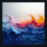 Vibrant Ocean Wave Resin Surge Glow Poster<br><div class="desc">Powerful blue waves surge and crash in vivid resin pours, blending deep sapphire, electric turquoise, and cyan into towering crests. Explosive coral, hot pink, magenta, and fiery orange bursts rise from the peaks like sunset flames or molten light, while soft white foam and subtle gold-copper metallic flecks add luminous sparkle...</div>