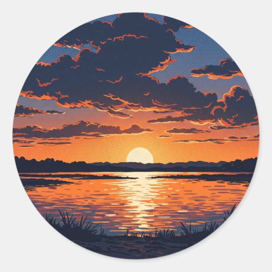Vibrant Orange Lake Sunset View Ronde Sticker (Voorkant)