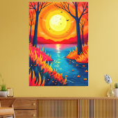 Vibrant Orange Sunset Lake Landscape Art Canvas Afdruk (Insitu (Woonkamer))
