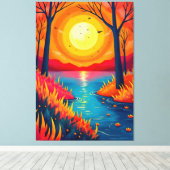 Vibrant Orange Sunset Lake Landscape Art Canvas Afdruk (Insitu (Houten vloer))