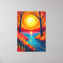 Vibrant Orange Sunset Lake Landscape Art
