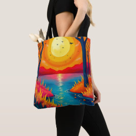 Vibrant Orange Sunset Lake Landscape Art Tote Bag