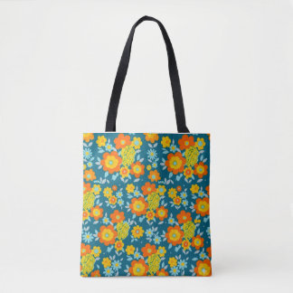 Vibrant Orange & Yellow Blooms on Deep Teal Tote Bag