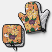 Vibrant Orange Yellow Floral Kitchen Custom Name Ovenwant & Pannenlap Set (Voorkant / Achterkant)