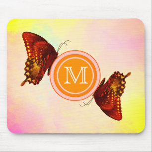 Vibrant Oranje Butterflies & Pastel Sky   Monogram Muismat