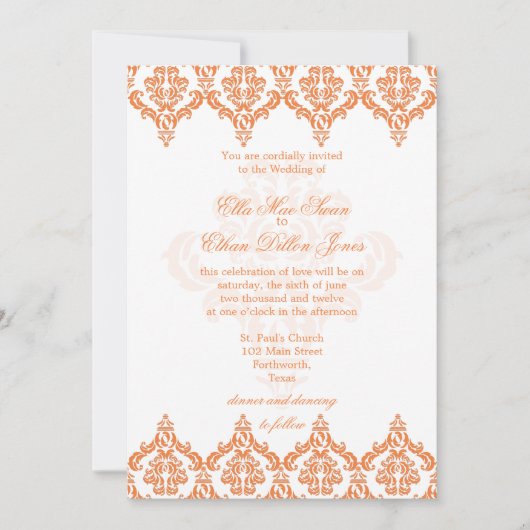 Vibrant Oranje en White Damask Wedding-uitnodiging Kaart (Voorkant)
