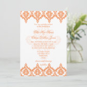 Vibrant Oranje en White Damask Wedding-uitnodiging Kaart (Staand voorkant)