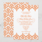 Vibrant Oranje en White Damask Wedding-uitnodiging Kaart (Voorkant / Achterkant)