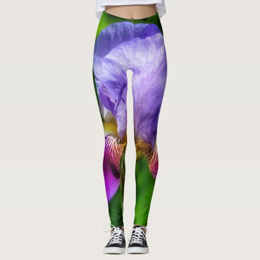 Vibrant paars blauw en gele irisbloem leggings (Voorkant)