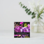 Vibrant Paarse Waterverf Flowers op Black Vierkante Visitekaartje (Staand voorkant)