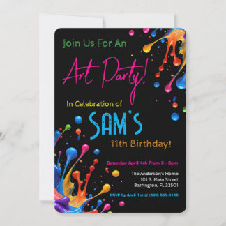 Vibrant Paint Splash Art Party Birthday Invitation Kaart