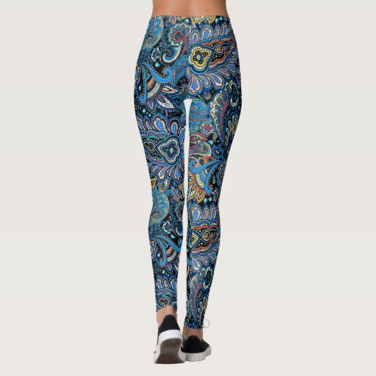 Vibrant Paisley Pattern in Blue on Black Leggings (Achterkant)