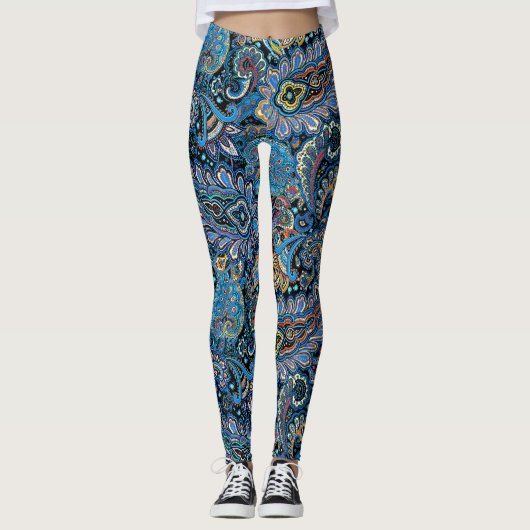 Vibrant Paisley Pattern in Blue on Black Leggings (Voorkant)
