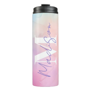 Vibrant Pastel Waterverf Naam Monogram Thermosbeker