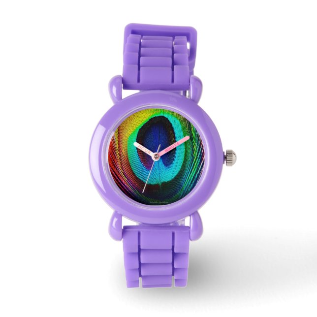 Vibrant Peacock Feather Designer Horloge (Voorkant)