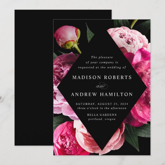 Vibrant Peonies Black Diamond Floral Lijst Weddens Kaart (Voorkant / Achterkant)