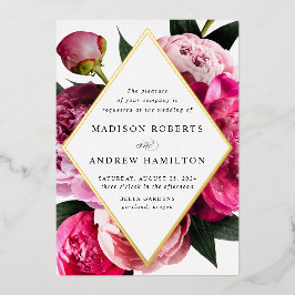 Vibrant Peonies Diamond Floral Lijst Weddenschap G Folie Uitnodiging