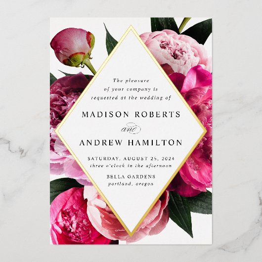 Vibrant Peonies Diamond Floral Lijst Weddenschap G Folie Uitnodiging (Voorkant)