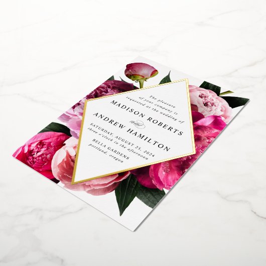 Vibrant Peonies Diamond Floral Lijst Weddenschap G Folie Uitnodiging (Gedraaid)