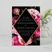 Vibrant Peonies Diamond Floral Lijst Weddenschap G Folie Uitnodiging (Staand Voorkant)