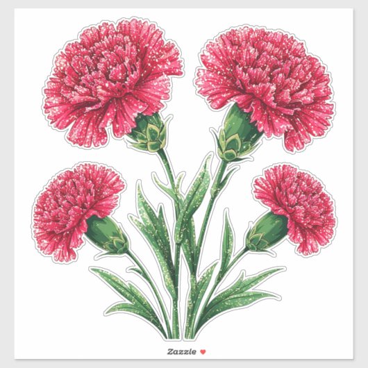 Vibrant Pink Carnations With Green Stems Sticker (Vel)