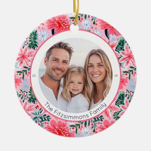 Vibrant Pink Christmas Floral 1 Sided Photo Keramisch Ornament (Voorkant)