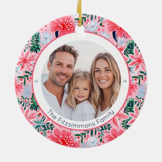 Vibrant Pink Christmas Floral 2 Sided Photo Keramisch Ornament (Achterkant)