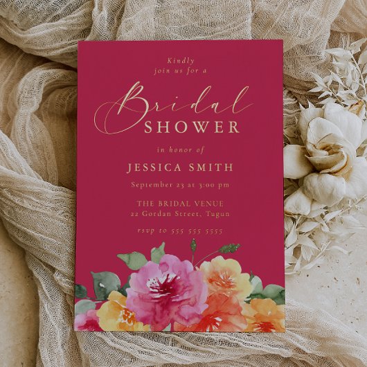 Vibrant Pink Floral Bridal Shower Gold Folie Uitnodiging