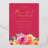 Vibrant Pink Floral Bridal Shower Gold Folie Uitnodiging (Voorkant)