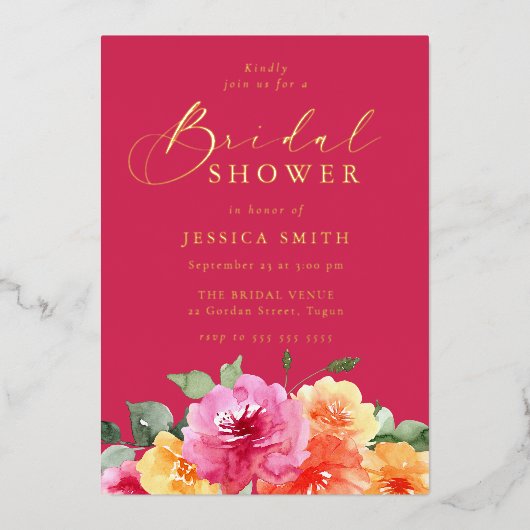 Vibrant Pink Floral Bridal Shower Gold Folie Uitnodiging (Voorkant)