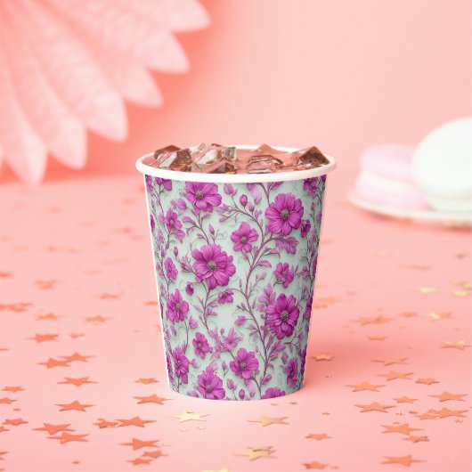 Vibrant Pink Floral Pattern With Magenta Flowers Papieren Bekers (Insitu)