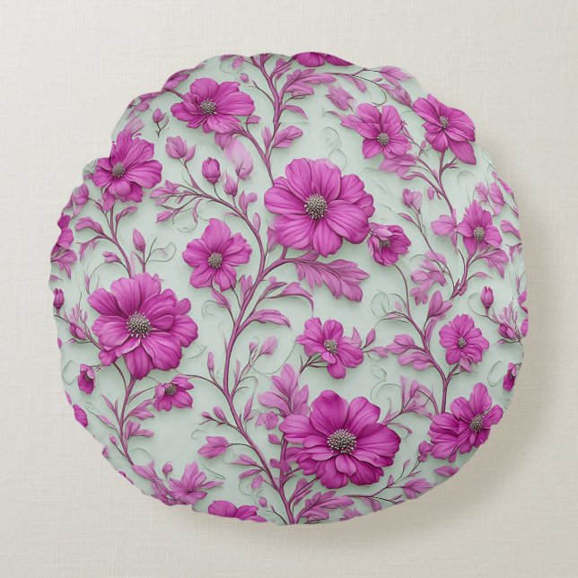 Vibrant Pink Floral Pattern With Magenta Flowers Rond Kussen (Voorkant)
