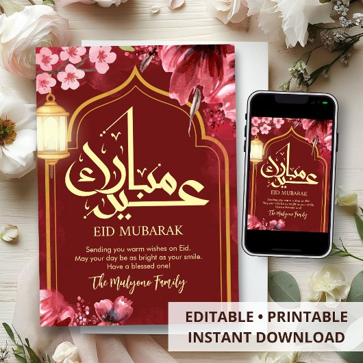 Vibrant Pink Floral Watercolor Lantern Eid Mubarak Feestdagenkaart