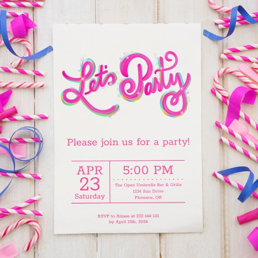 Vibrant Pink Iridescent Let's Party Celebration Kaart