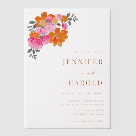 Vibrant Pink & Orange Floral Garden Wedding Vellum Uitnodigingen (Voorkant)