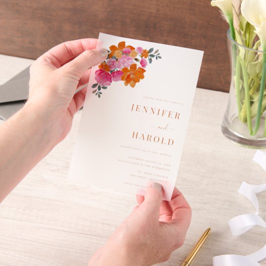 Vibrant Pink & Orange Floral Garden Wedding Vellum Uitnodigingen