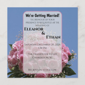 Vibrant Pink Rose Bouquet & Blue Sky Summer Kaart