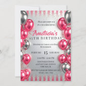 Vibrant Pink Silver Balloons Glitter 15th Birthday Kaart (Voorkant)