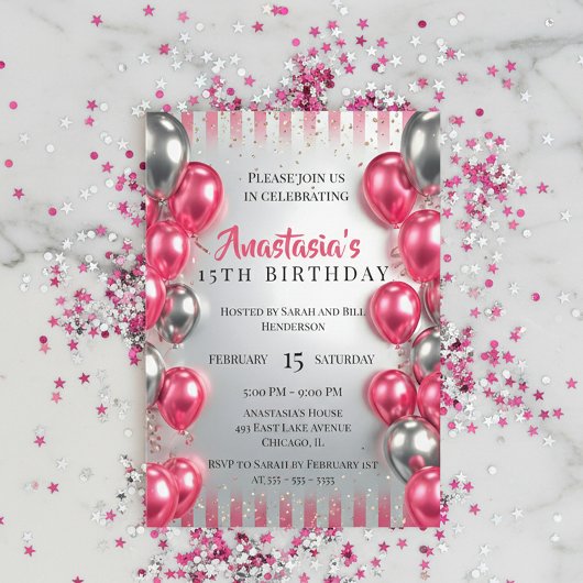 Vibrant Pink Silver Balloons Glitter 15th Birthday Kaart