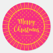 Vibrant Pink Starburst Script Vrolijk kerstfeest Ronde Sticker (Voorkant)