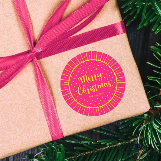 Vibrant Pink Starburst Script Vrolijk kerstfeest Ronde Sticker