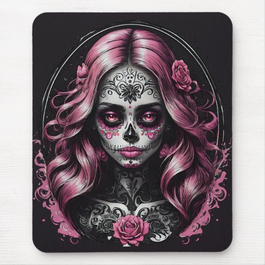 "Vibrant Pink Sugar Skull" Art Mouse Pad Muismat (Voorkant)