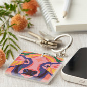 Vibrant Pop Art Cow Face Portrait Sleutelhanger (Voorkant Rechts)