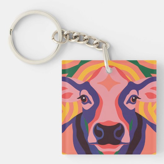 Vibrant Pop Art Cow Face Portrait Sleutelhanger (voorkant)